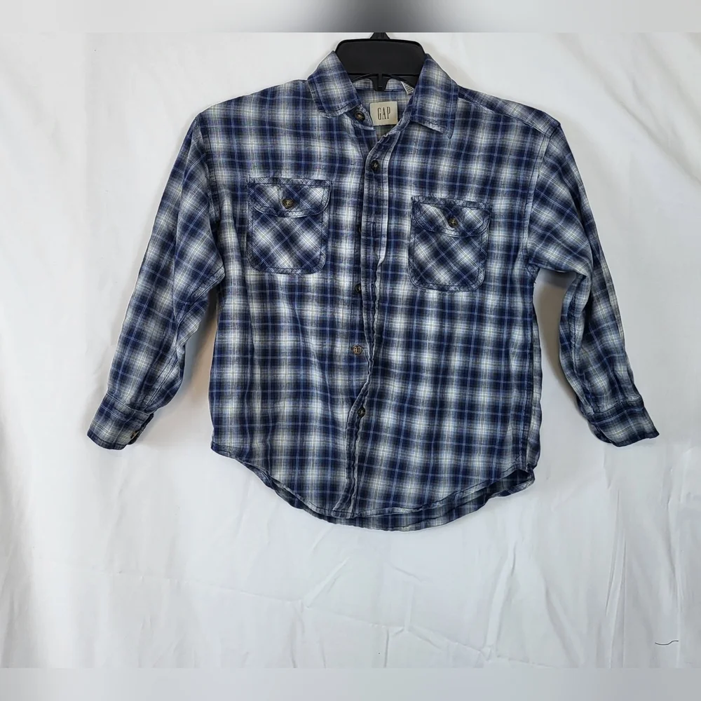 Gap Boys Blue Plaid Long Sleeve Collared Button‎ Down Cotton Shirt S Vintage